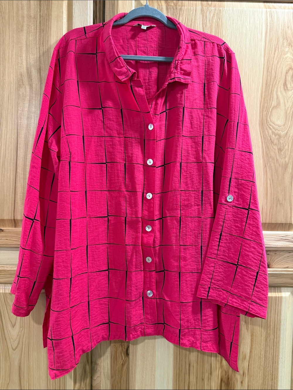 John Mark Women’s 2X Button-Down Window Pane Grid Adjustable Sleeve Pink Shirt